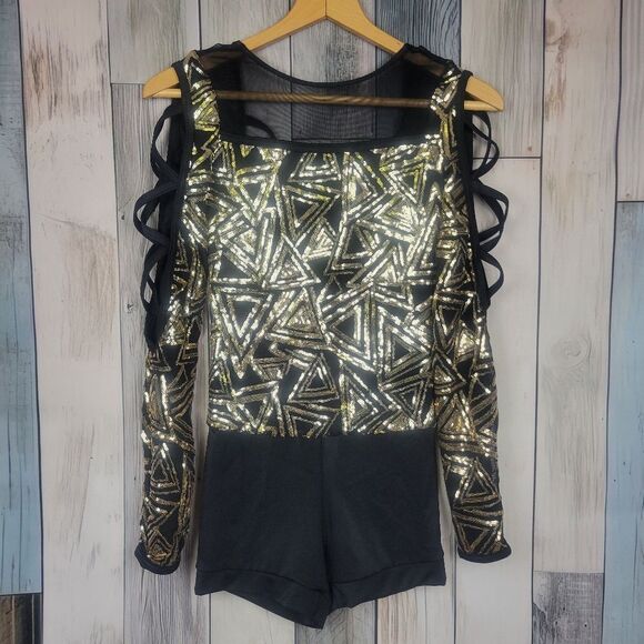 Weissman Black and Gold Geometric Sequin Unitard Dance Acro Costume size SA - Picture 1 of 6
